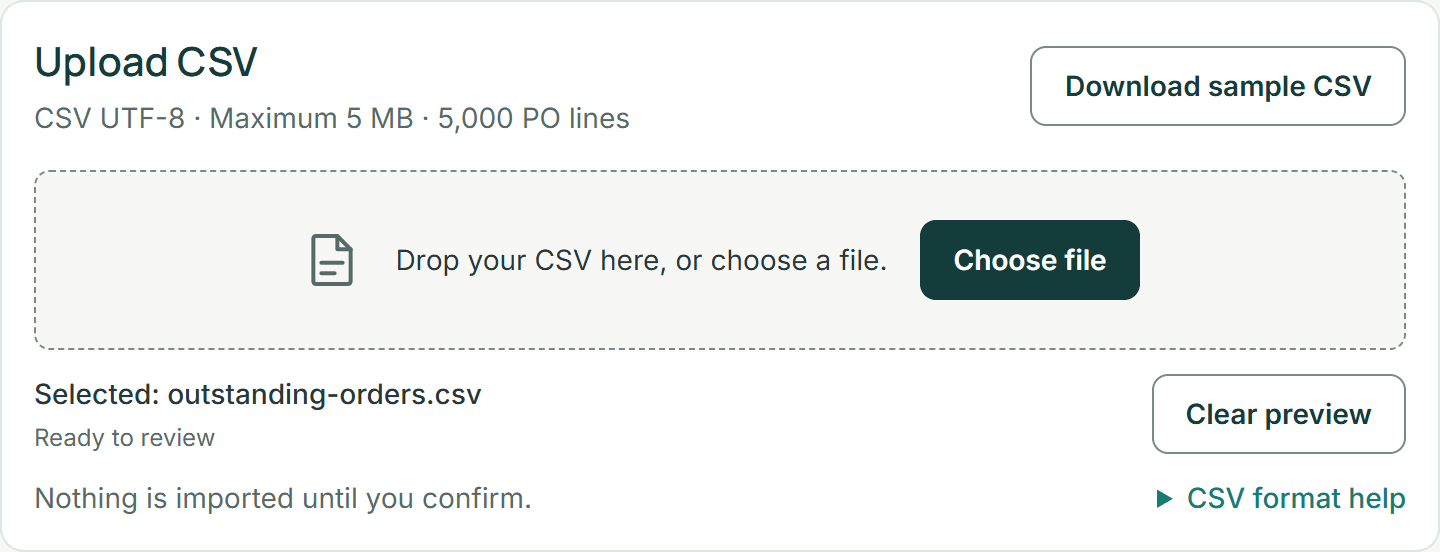 Confirmary CSV upload with outstanding-orders.csv selected and ready to review.