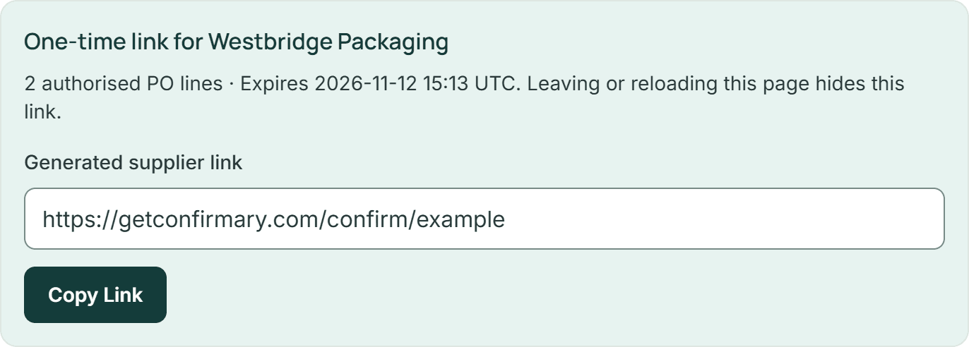 Confirmary's one-time supplier link and Copy Link control. The displayed address is a nonfunctional example.