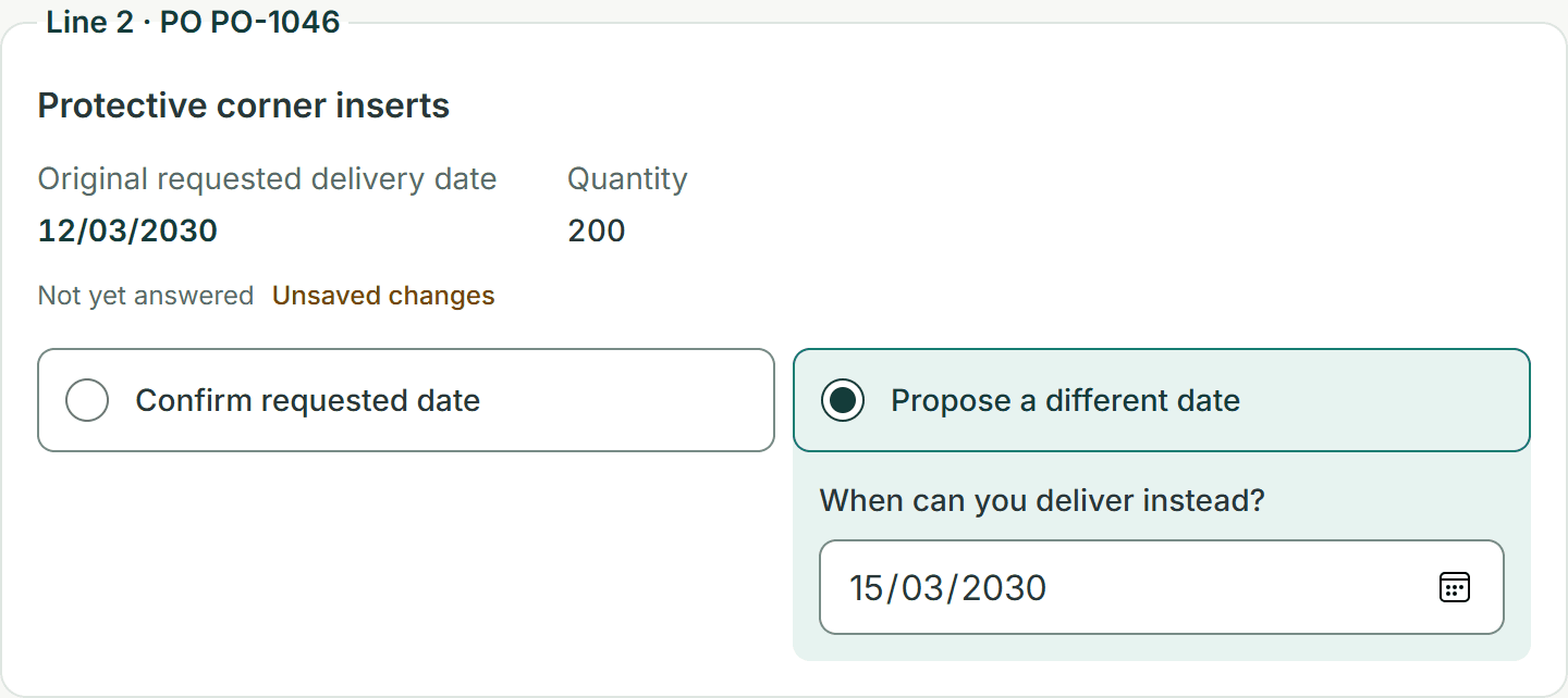 A supplier proposing a different delivery date against a purchase-order line in Confirmary.